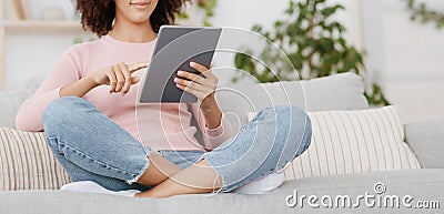 Big sale, great offer, mobile app, modern chat and surfing in internet at home Stock Photo