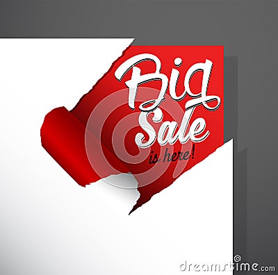 Big Sale is here text uncovered from torn paper corner. Vector Illustration
