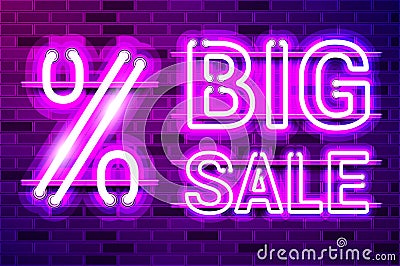 BIG SALE lettering with a large percent symbol glowing purple neon lamp sign Vector Illustration