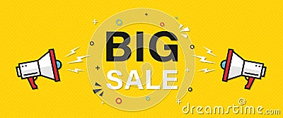 Big Sale with loudspeakers or megaphones on the sides. Big super sale marketing banner in yellow colors. Vector EPS 10 Vector Illustration