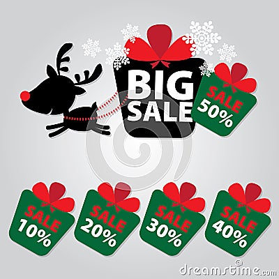 Big Sale New Year and Christmas Reindeer Sticker tags with Sale 10 - 50 percent text on Colorful Gift Box Sticker tags Vector Illustration