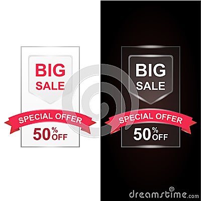 Big Sale with 50 percent discount and big offer with shiny red ribbon. Illustration set for flyer, website or banner. Vector Illustration