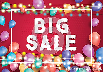 Big Sale Poster on Red Background with Flying Balloons, White Fr Stock Photo
