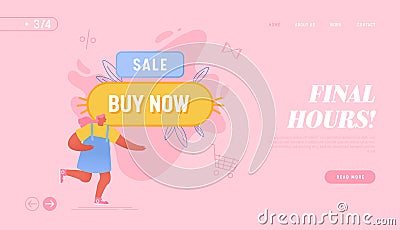 Big Sale Promo Campaign, Internet Purchase, Shopping Website Landing Page. Woman near Huge Buy Now Button Vector Illustration