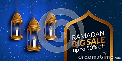 Big sale Ramadan holy fasting month for muslim with illustration of golden hanging lantern Cartoon Illustration