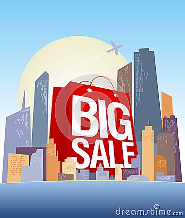 Big sale shopping bag in city. Vector Illustration