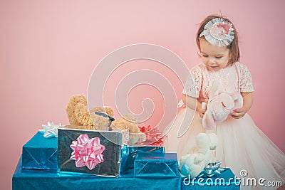 Big sale in shopping mall. Happy birthday. New year party. happy childhood of little girl. Kid shopping. Christmas gift Stock Photo
