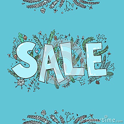 Big sale sketch. Hand drawn vector illustration with twigs, pine Vector Illustration