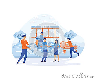 Big sale with small happy tiny people. Vector Illustration