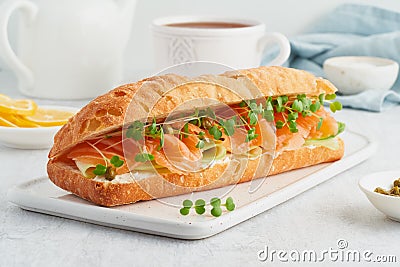 Big sandwich with salmon, cream cheese, cucumber slices on white concrete table. Stock Photo