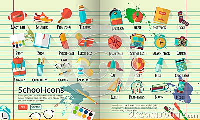 Big school illustration on line notebook paper. Education icons set. Back to school creative background with teenager obje Cartoon Illustration