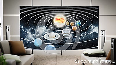 Big screen 8K tv hanging on the wall of a modern room. 3D illustration Cartoon Illustration