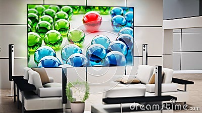 Big screen 8K tv hanging on the wall of a modern room. 3D illustration Cartoon Illustration