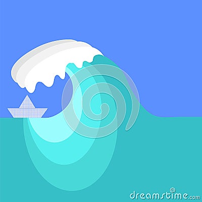 Big Sea Wave and Paper Ship Vector Illustration