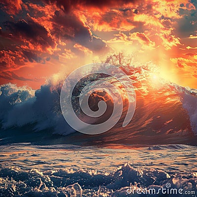 Big Sea Wave, Surf Concept, Ocean Waves at Red Sunset, High Tide, Storm, Big Sunny Sea Wave Stock Photo