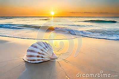 big seashell on sandy tropical beach, sea or ocean in the background, beautiful sea landscape, tropical paradise created Cartoon Illustration