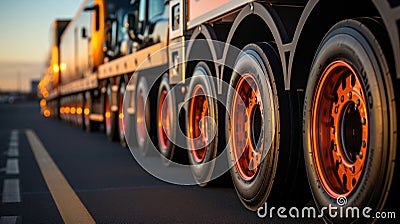 Big Semi Truck Wheels Tires. Rubber, Tyres. Tractor Truck. Freight Trucks Logistics Transport. Auto Service Shop. Stock Photo