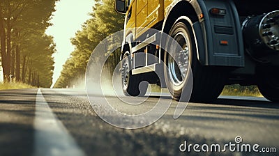 Big Semi Truck Wheels Tires. Rubber, Tyres. Tractor Truck. Freight Trucks Logistics Transport. Auto Service Shop. Stock Photo