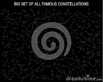 Big set of all famous constellations, modern astronomical signs of the zodiac. Vector Illustration