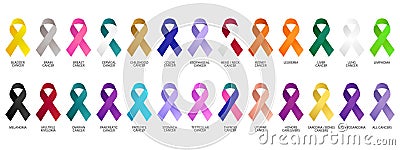 Big set of awareness ribbons, multicolored cancer awareness ribbons Icons. Vector Illustration