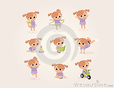 Big set of baby girl characters in different poses Vector Illustration