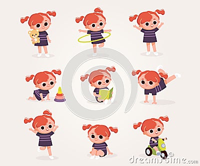 Big set of baby girl characters in different poses Vector Illustration