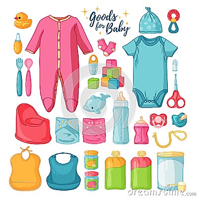 Big set baby stuff. Cute set of things for childrenhood. Isolated icons of baby goods for newborns. Clothing, toys Vector Illustration