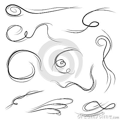 Big Set Black Collection Simple Line Winds Gust Squall Curl Doodle Outline Nature Element Vector Design Sketch Isolated Illu Stock Photo