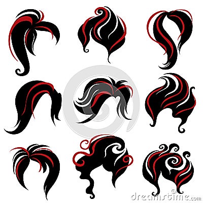 Big set of black hair styling for woman Vector Illustration