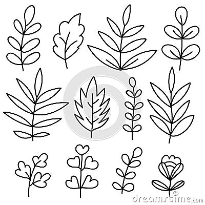 Big set of black hand drawn thin line cute doodle floral icons, flowers, peony, laurel, wreath. Vector Illustration