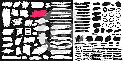 Big set of black paint, ink brush, brush. Dirty element design, box, frame or background for text. Line or texture. Vector illustr Cartoon Illustration