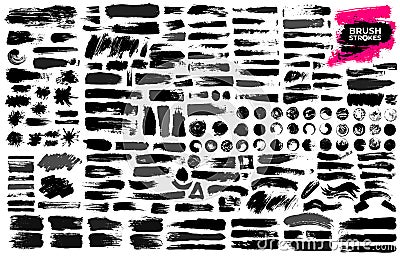 Big Set of black paint, ink brush strokes, brushes, lines, grungy. Dirty artistic design elements, boxes, frames. Freehand drawing Cartoon Illustration
