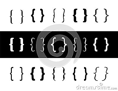Big Set black and white different curly braces. curly braces on white and black background. Vector Illustration