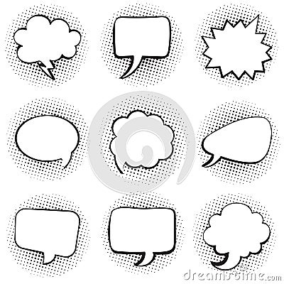 Big set of blank template comic text speech chat bubble halftone dot background style pop art Vector Illustration