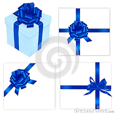 Big set of blue bows and gift box. Vector Illustration