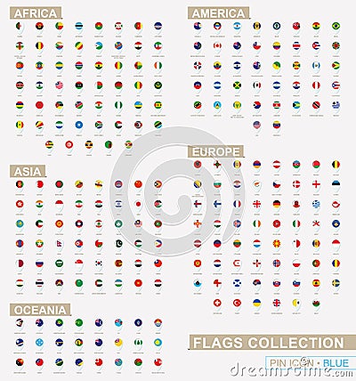 Big set of blue pin icon with flags of Africa, Asia, Oceania, America and Europe sorted alphabetically Vector Illustration