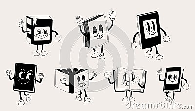 Big set of Books 30s cartoon mascot character 40s, 50s, 60s Vector Illustration