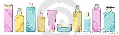 Big set: bottles, shampoos, gel and creams for care. The concept of natural and organic cosmetics for hair and body care Vector Illustration