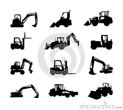 Big set of bulldozer loader vector silhouette isolated on white. Dusty digger, excavator dozer. Under construction. Building. Stock Photo