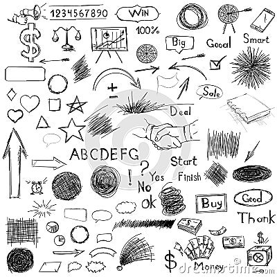 Big set of business components. Black and white sketch hatch, ha Vector Illustration