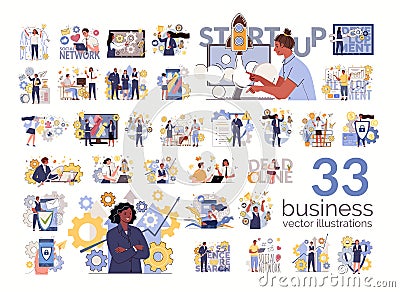 Set of characters doing business. Concept of workflow of successful people. Vector Illustration