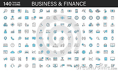 Big set of 140 Business and Finance web icons in line style. Money, bank, contact, office, payment, strategy, accounting, Cartoon Illustration