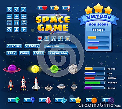 Big set buttons icons elements for Space game cartoon casual games and app. 2D video game UI kit icon for mobile games Vector Illustration