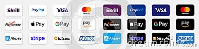 Big set of buttons for online payments, company logos: Visa, Mastercard, Paypal, American Express, Bitcoin, Amazon Pay, Apple Pay Vector Illustration