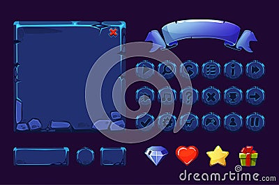 Big set Cartoon neon blue stone assets and buttons For Ui Game, GUI icons Vector Illustration