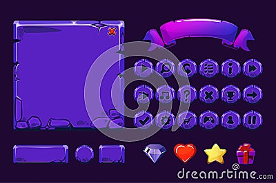 Big set Cartoon neon purple stone assets and buttons For Ui Game, GUI icons Vector Illustration
