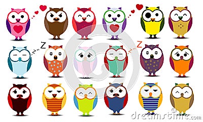 Big set of cartoon owls. Vector Illustration