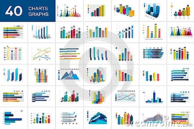 Big set of charst, graphs. Blue color. Infographics business elements Vector Illustration