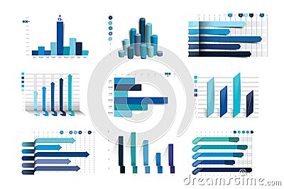 Big set of charst, graphs. Blue color. Infographics business elements. Vector Illustration