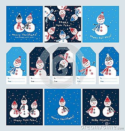 Big set of Christmas cards and tags with cute snowmen. Vector Illustration